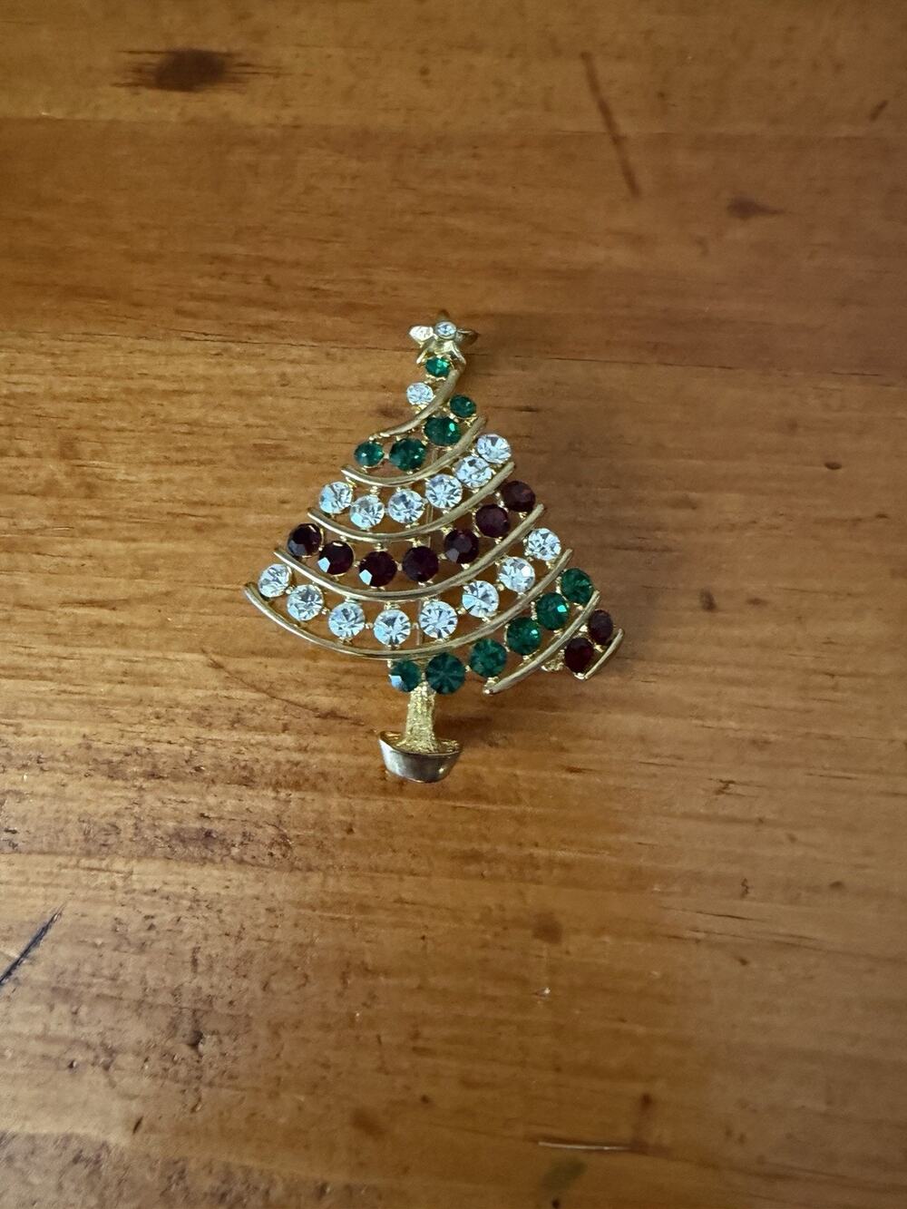 Vintage Christmas Tree Brooch Rhinestone Holiday Pin Red Green Clear Gold Tone